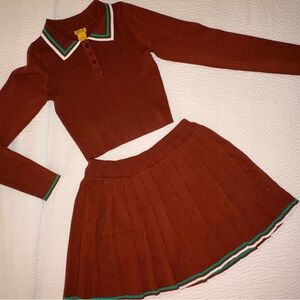 Chic Rust Long Sleeve Crop Top and Skirt Set